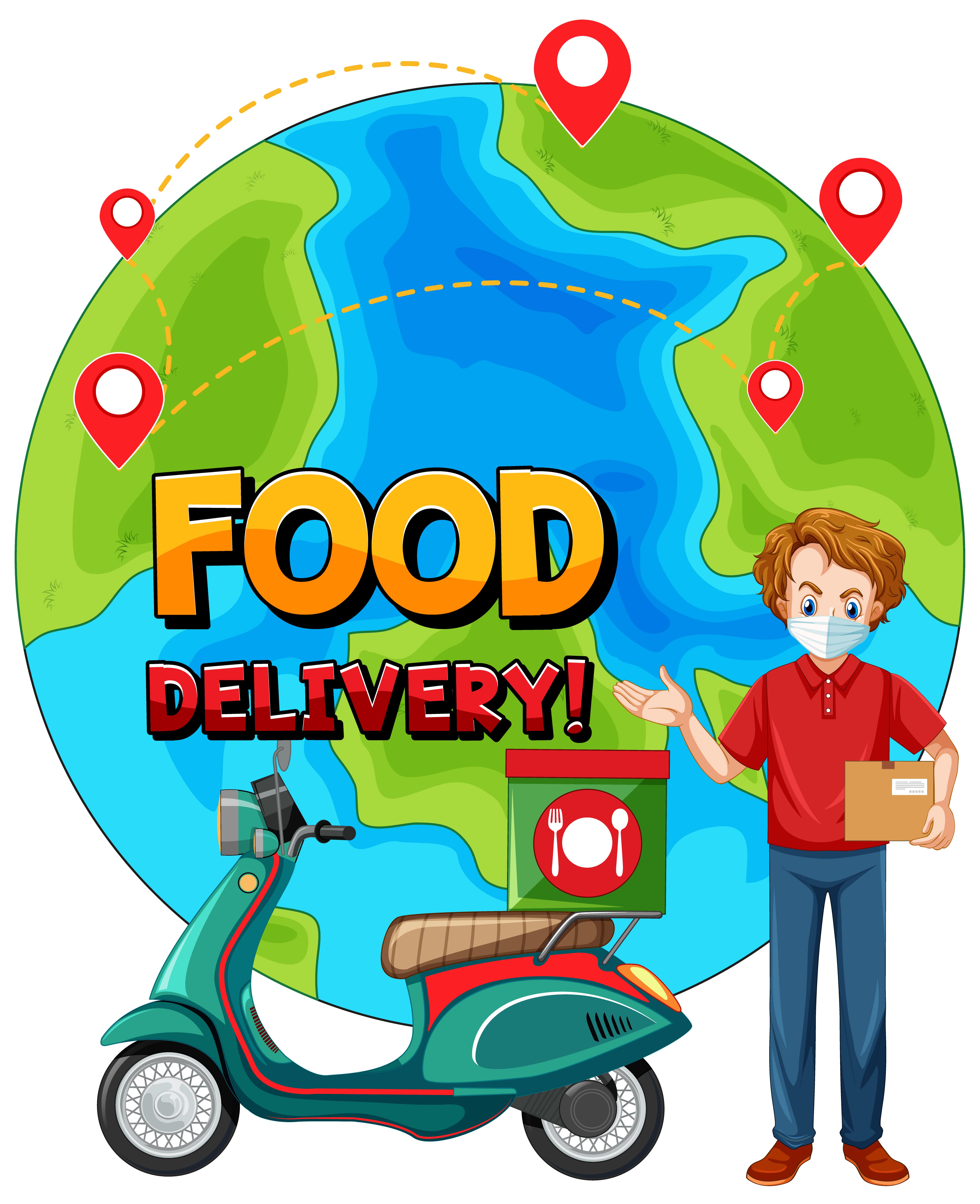 A food delivery man carrying food with a globe symbol in the background, suggesting worldwide delivery to all locations.